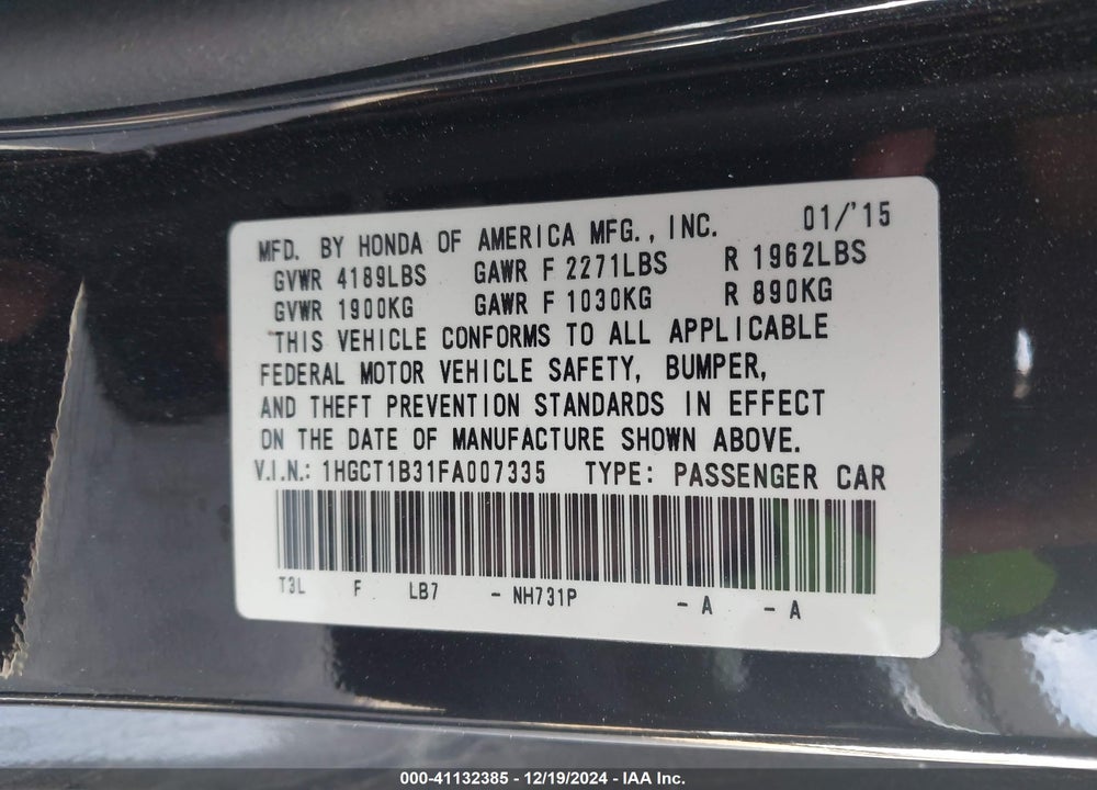 2015 HONDA ACCORD LX-S VIN: 1HGCT1B31FA007335