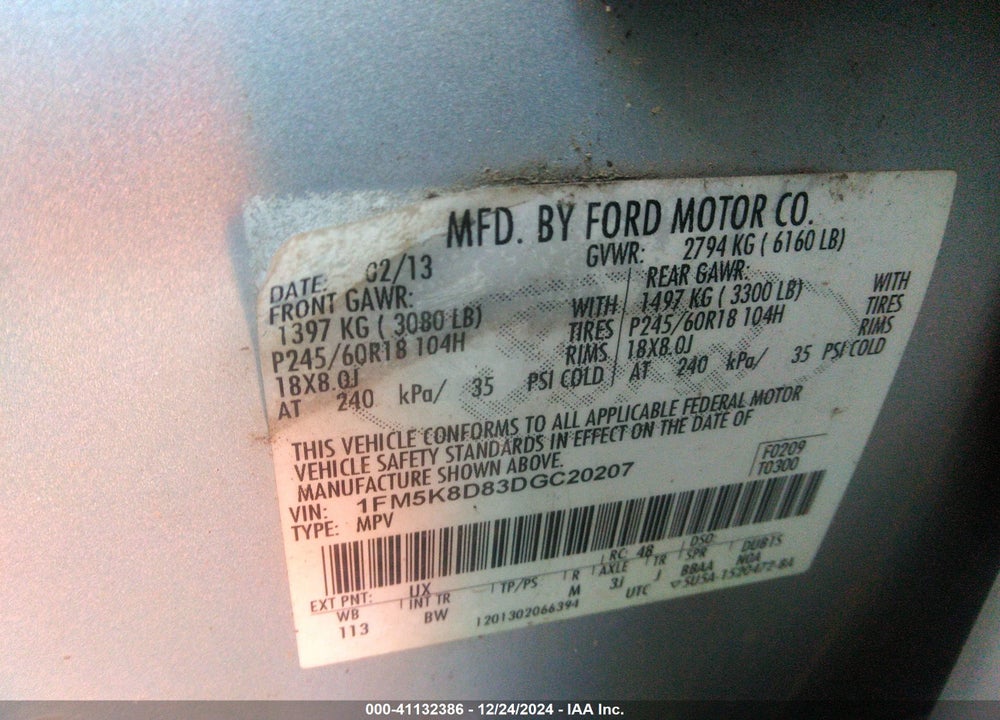 2013 FORD EXPLORER XLT VIN: 1FM5K8D83DGC20207