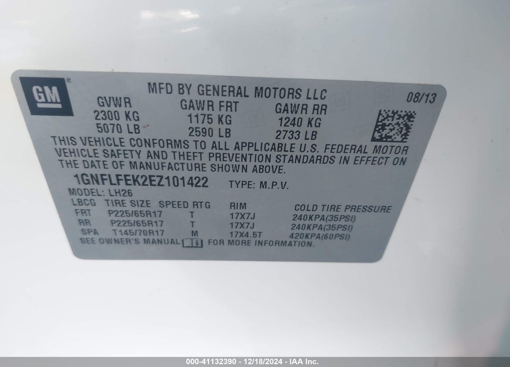 2014 CHEVROLET EQUINOX 1LT VIN: 1GNFLFEK2EZ101422