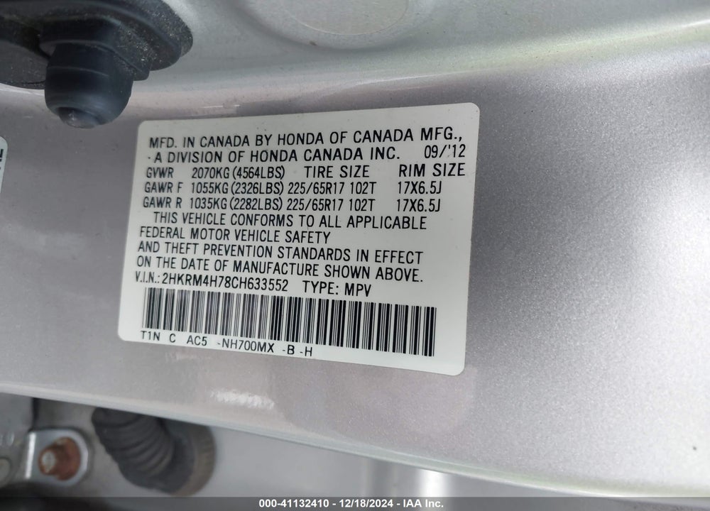 2012 HONDA CR-V EX-L VIN: 2HKRM4H78CH633552