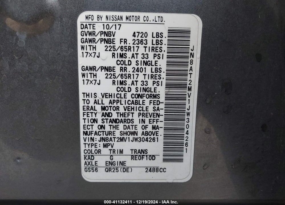 2018 NISSAN ROGUE SV VIN: JN8AT2MV1JW304261