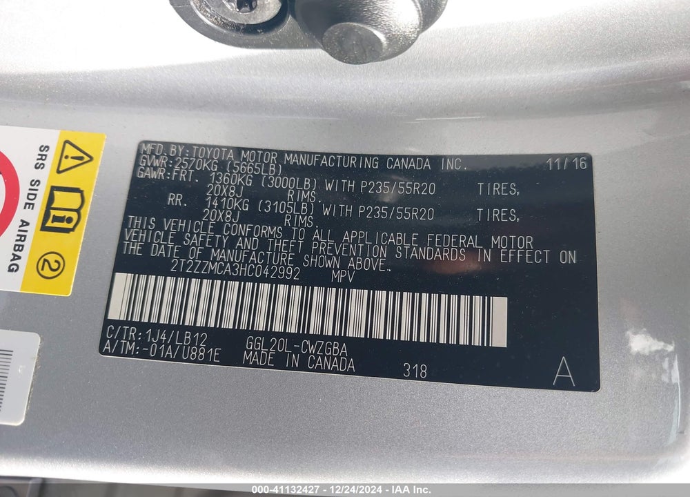 2017 LEXUS RX 350 VIN: 2T2ZZMCA3HC042992