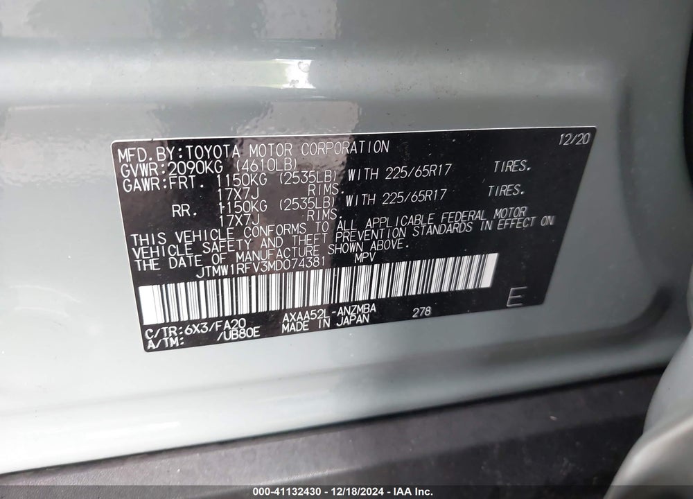 2021 TOYOTA RAV4 VIN: JTMW1RFV3MD074381