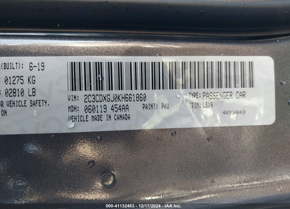 2019 DODGE CHARGER SCAT PACK RWD VIN: 2C3CDXGJ0KH661880