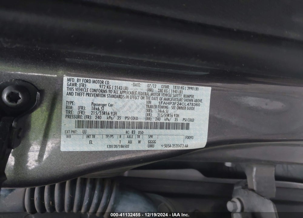 2012 FORD FOCUS SE VIN: 1FAHP3F24CL478360