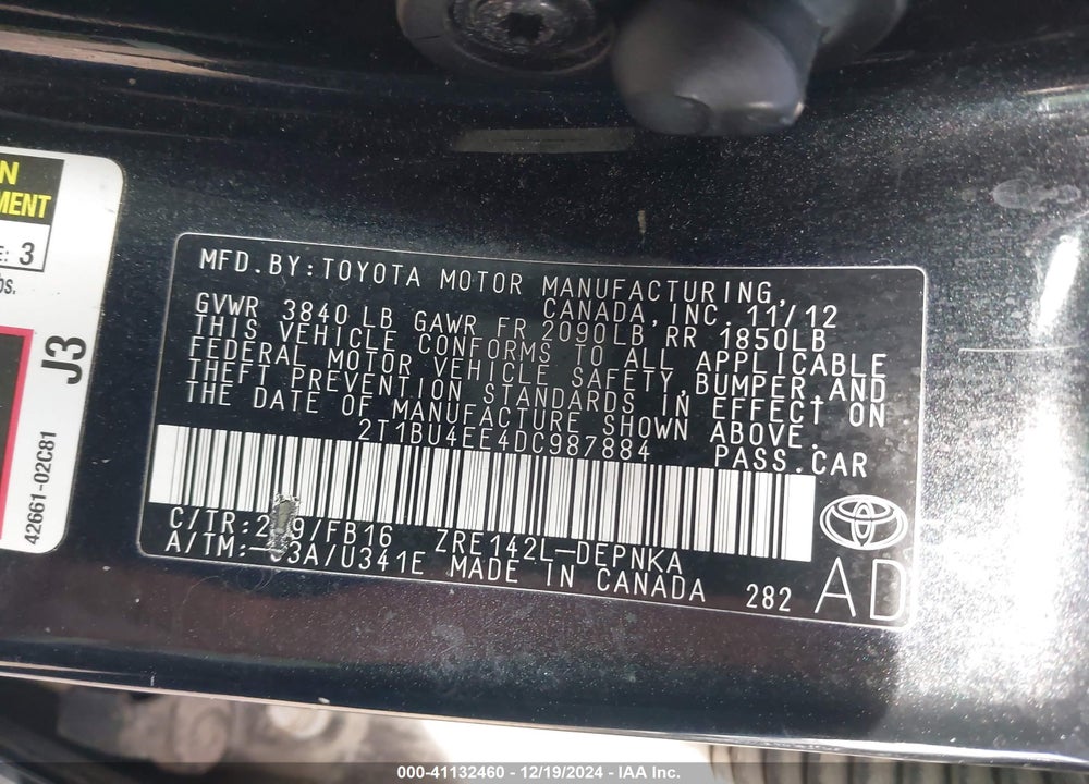 2013 TOYOTA COROLLA VIN: 2T1BU4EE4DC987884