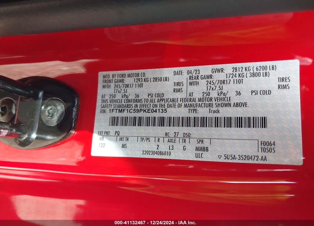 2023 FORD F-150 VIN: 1FTMF1C59PKE04135