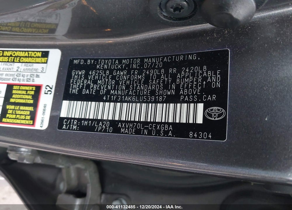 2020 TOYOTA CAMRY XLE HYBRID VIN: 4T1F31AK6LU539187