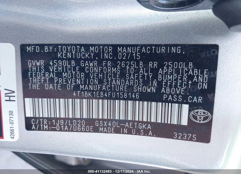 2015 TOYOTA AVALON XLE VIN: 4T1BK1EB4FU158146