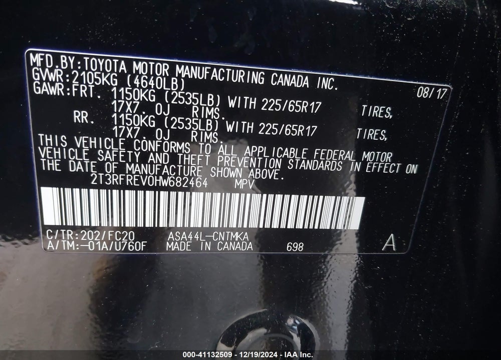 2017 TOYOTA RAV4 XLE VIN: 2T3RFREV0HW682464