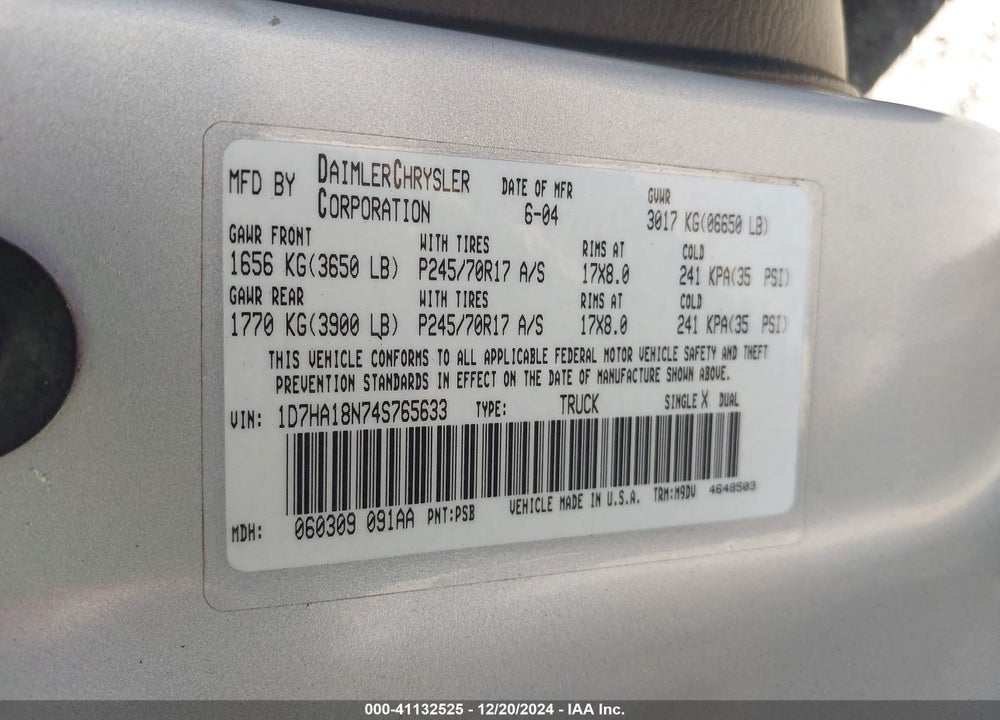 2004 DODGE RAM 1500 SLT/LARAMIE VIN: 1D7HA18N74S765633