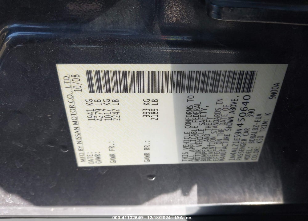 2009 NISSAN ALTIMA 2.5 S VIN: 1N4AL21E59N450640