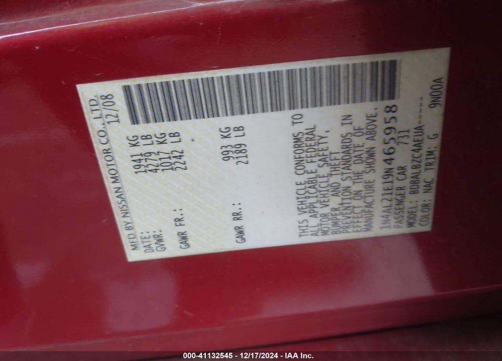 2009 NISSAN ALTIMA 2.5 S VIN: 1N4AL21E19N465958