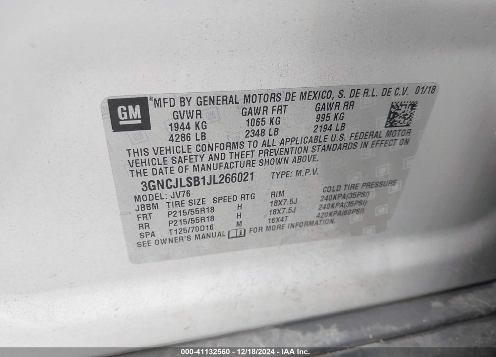 2018 CHEVROLET TRAX LT VIN: 3GNCJLSB1JL266021