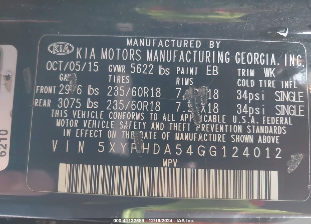 2016 KIA SORENTO 3.3L EX VIN: 5XYPHDA54GG124012