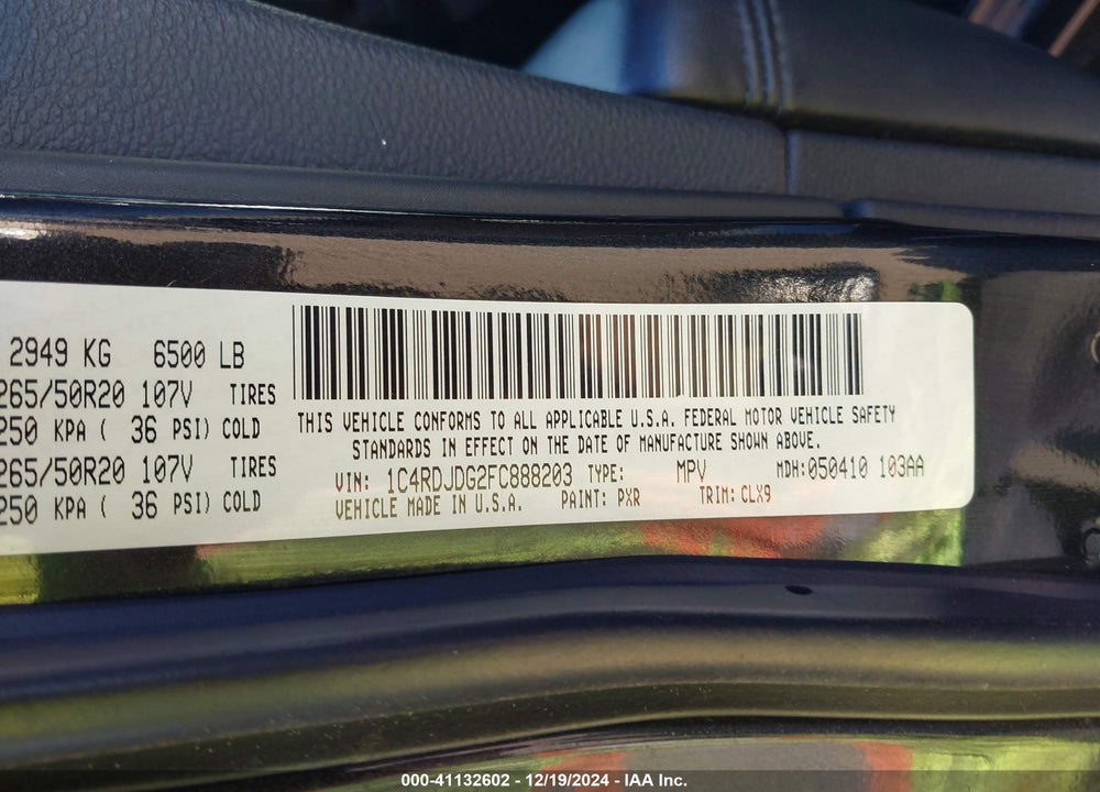 2015 DODGE DURANGO LIMITED VIN: 1C4RDJDG2FC888203