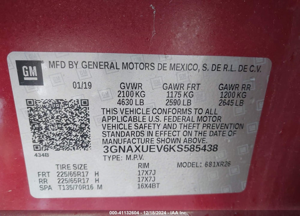2019 CHEVROLET EQUINOX LT VIN: 3GNAXUEV6KS585438
