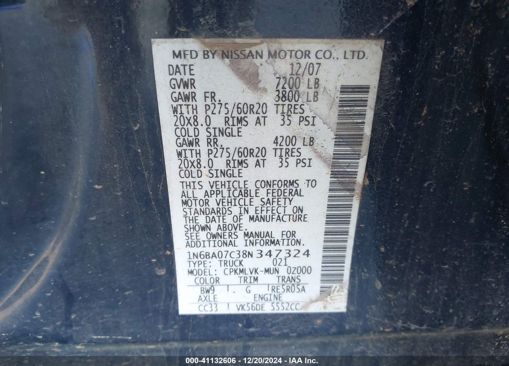 2008 NISSAN TITAN VIN: 1N6BA07C38N347324
