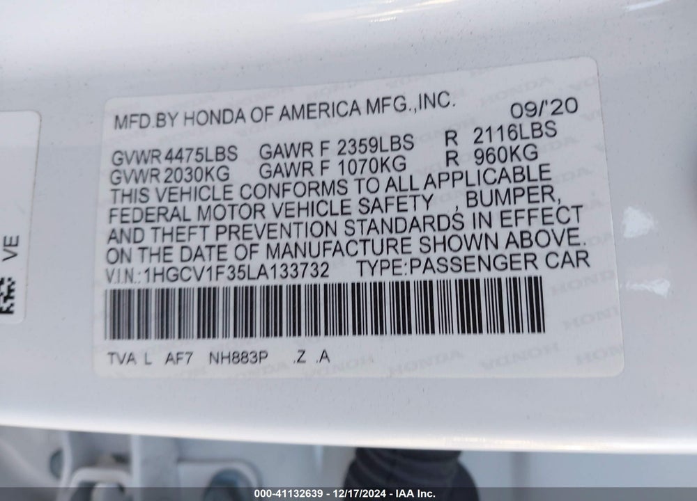2020 HONDA ACCORD VIN: 1HGCV1F35LA133732