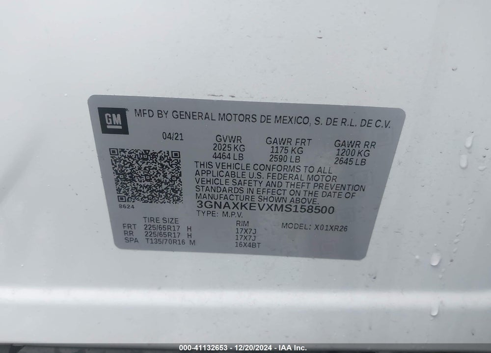 2021 CHEVROLET EQUINOX FWD LT VIN: 3GNAXKEVXMS158500