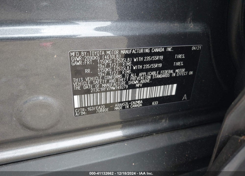 2021 TOYOTA RAV4 XLE PREMIUM VIN: 2T3C1RFV7MW149279