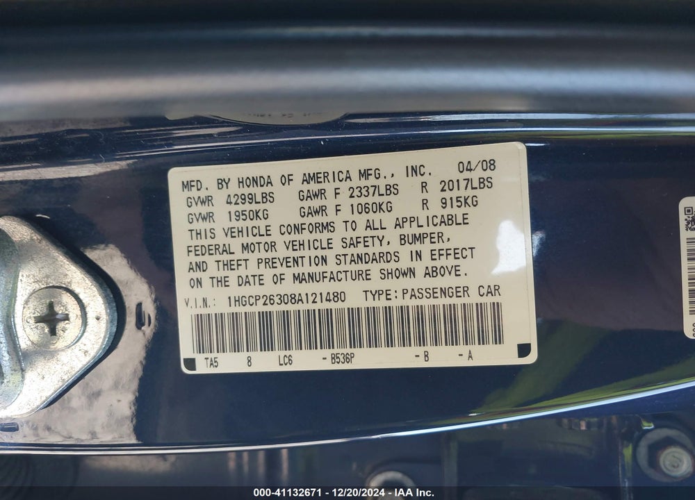 2008 HONDA ACCORD 2.4 LX VIN: 1HGCP26308A121480