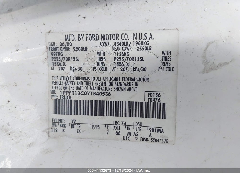 2000 FORD RANGER VIN: 1FTYR10C0YTB40536