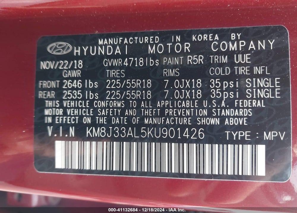 2019 HYUNDAI TUCSON SEL VIN: KM8J33AL5KU901426