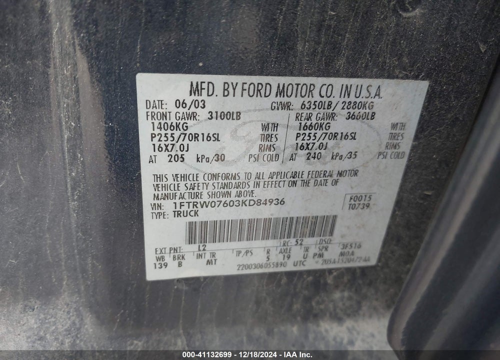 2003 FORD F-150 LARIAT/XLT VIN: 1FTRW07603KD84936