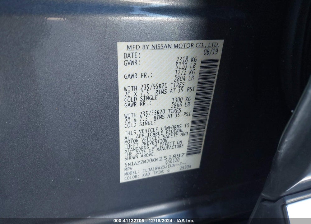 2019 NISSAN MURANO SL VIN: 5N1AZ2MJ0KN151897