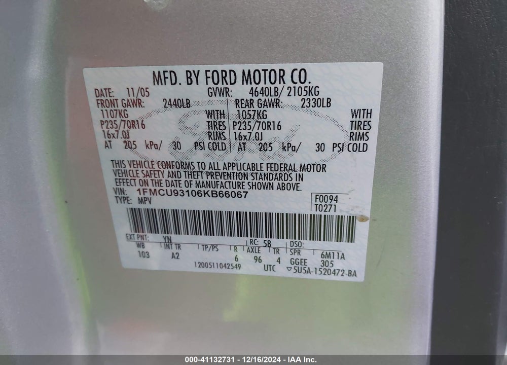 2006 FORD ESCAPE XLT/XLT SPORT VIN: 1FMCU93106KB66067