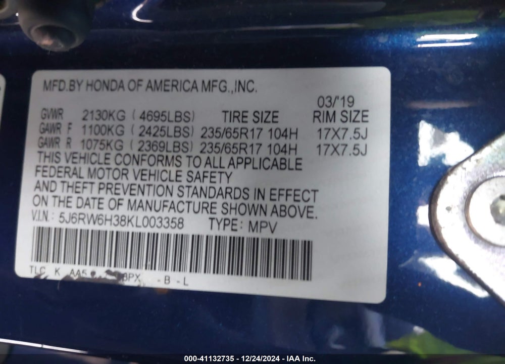 2019 HONDA CR-V LX VIN: 5J6RW6H38KL003358