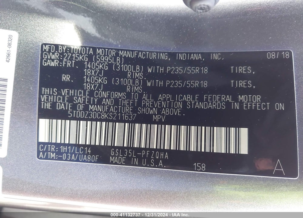 2019 TOYOTA SIENNA XLE PREMIUM 7 PASSENGER VIN: 5TDDZ3DC8KS211637