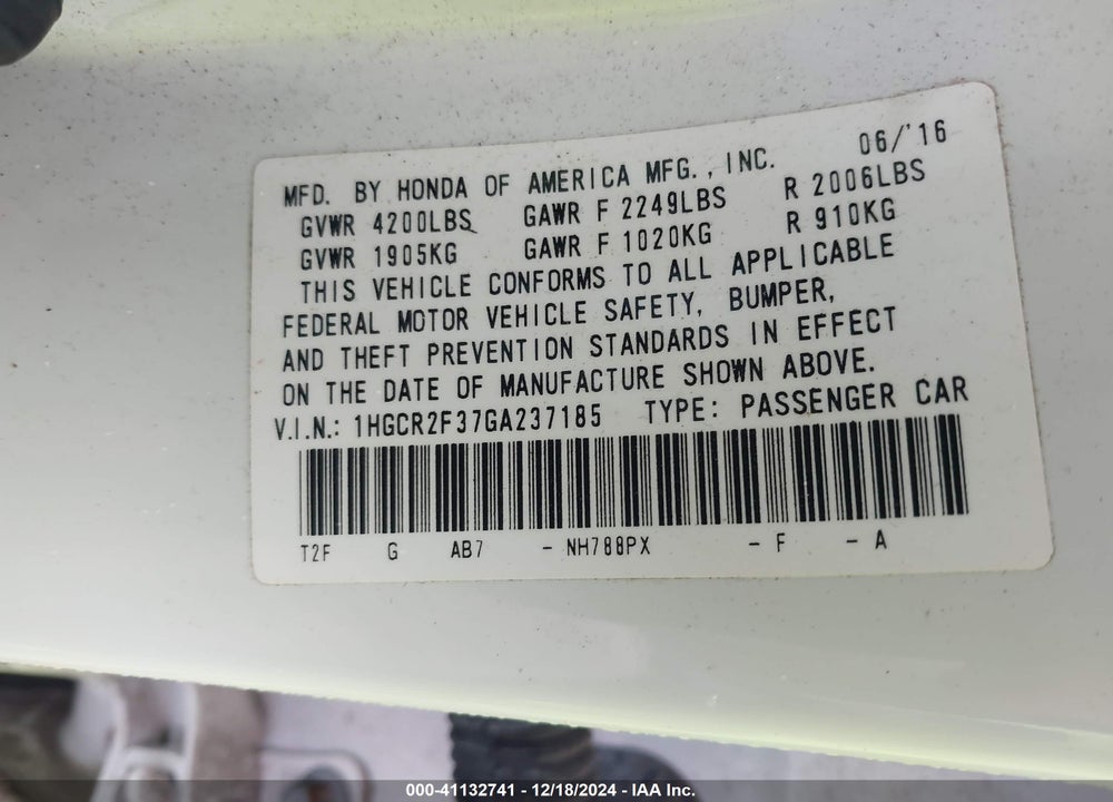 2016 HONDA ACCORD LX VIN: 1HGCR2F37GA237185