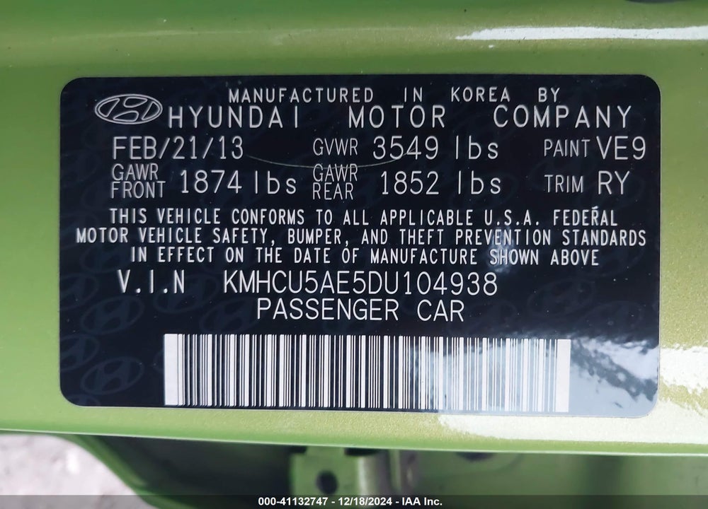 2013 HYUNDAI ACCENT SE VIN: KMHCU5AE5DU104938