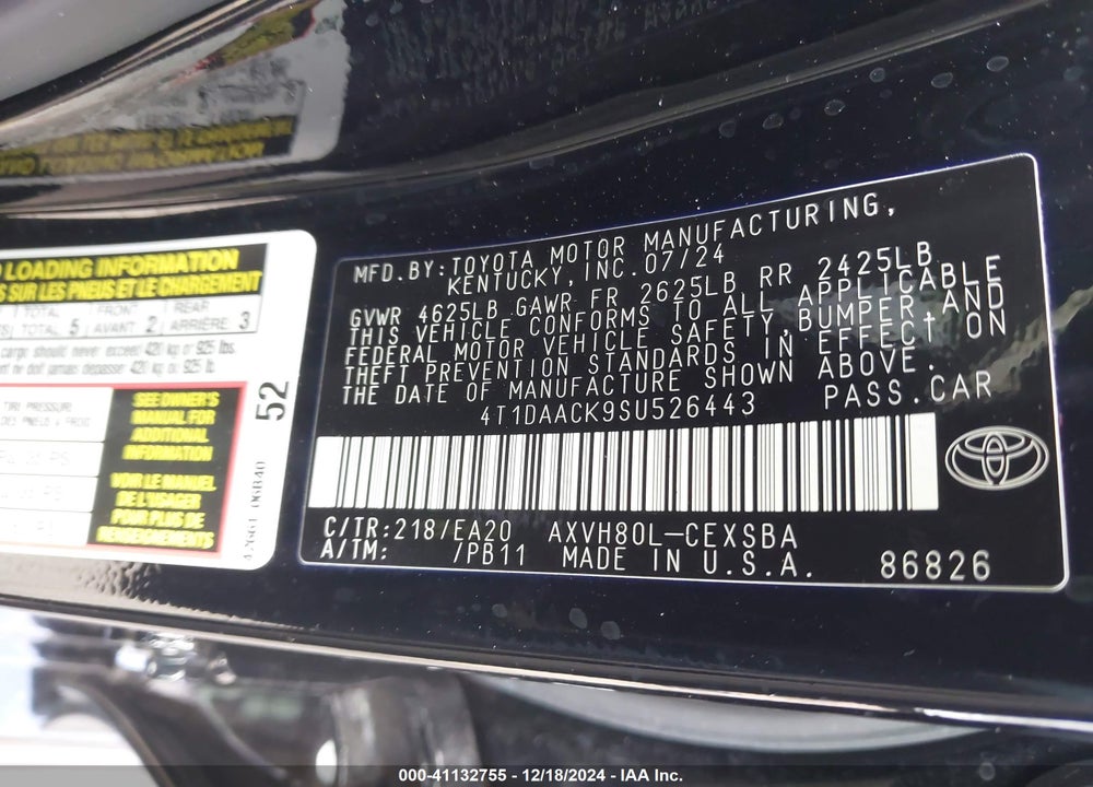 2025 TOYOTA CAMRY VIN: 4T1DAACK9SU526443
