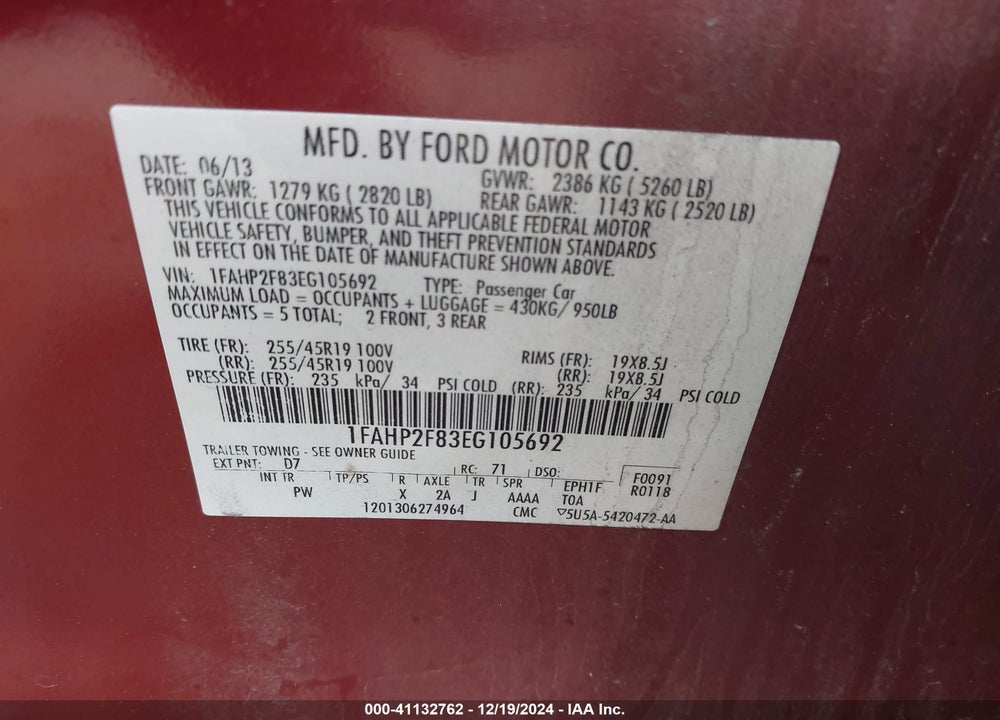 2014 FORD TAURUS VIN: 1FAHP2F83EG105692
