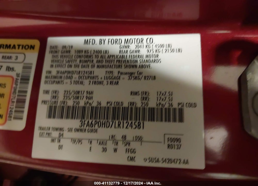 2020 FORD FUSION VIN: 3FA6P0HD7LR124581