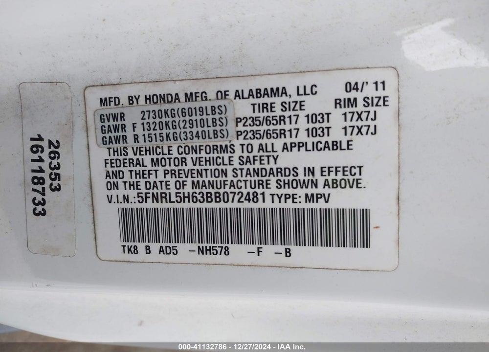2011 HONDA ODYSSEY EX-L VIN: 5FNRL5H63BB072481