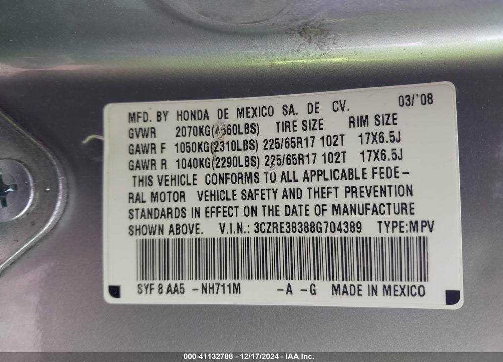 2008 HONDA CR-V LX VIN: 3CZRE38388G704389