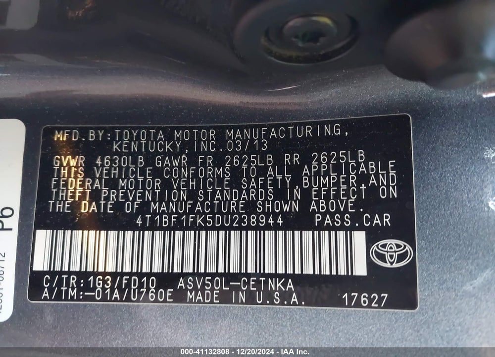 2013 TOYOTA CAMRY LE VIN: 4T1BF1FK5DU238944