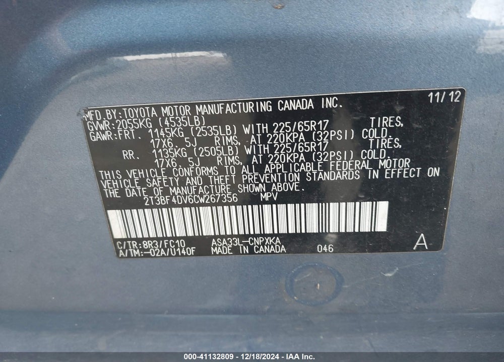 2012 TOYOTA RAV4 VIN: 2T3BF4DV6CW267356
