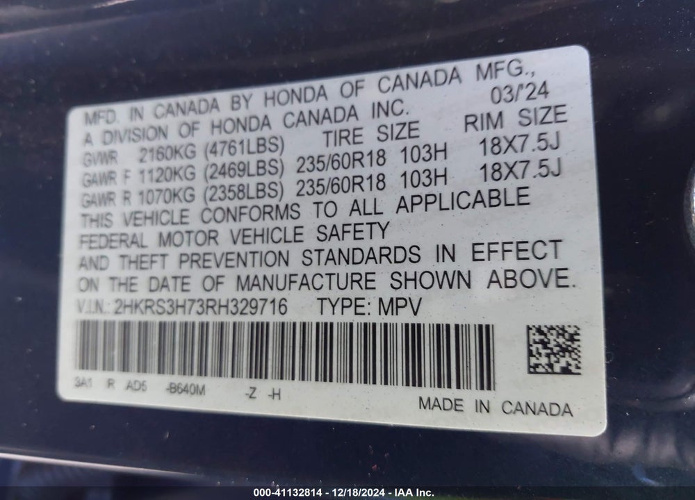 2024 HONDA CR-V EX-L 2WD VIN: 2HKRS3H73RH329716