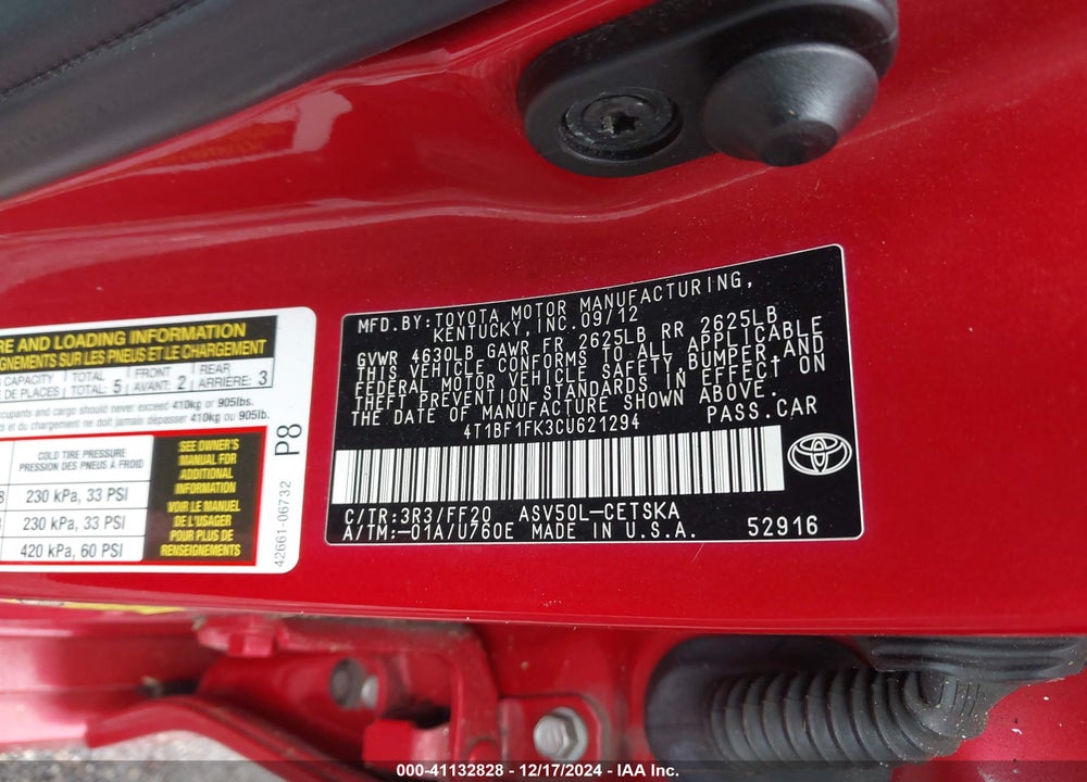 2012 TOYOTA CAMRY SE LIMITED EDITION VIN: 4T1BF1FK3CU621294