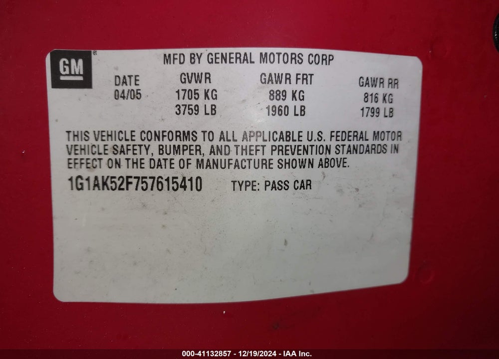 2005 CHEVROLET COBALT VIN: 1G1AK52F757615410