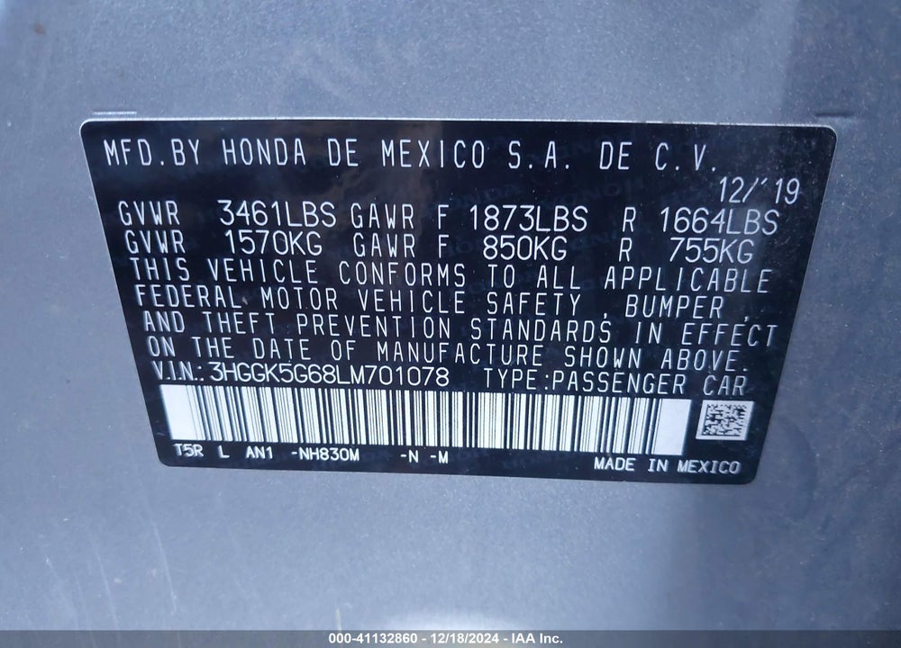 2020 HONDA FIT SPORT VIN: 3HGGK5G68LM701078