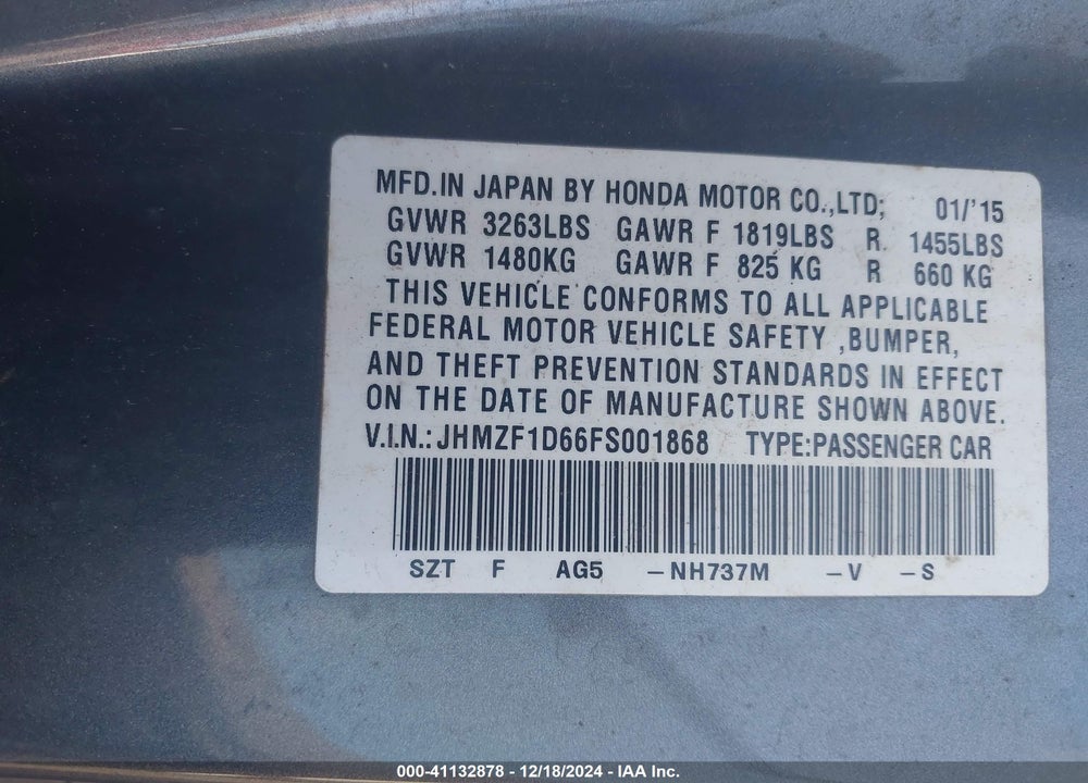 2015 HONDA CR-Z VIN: JHMZF1D66FS001868