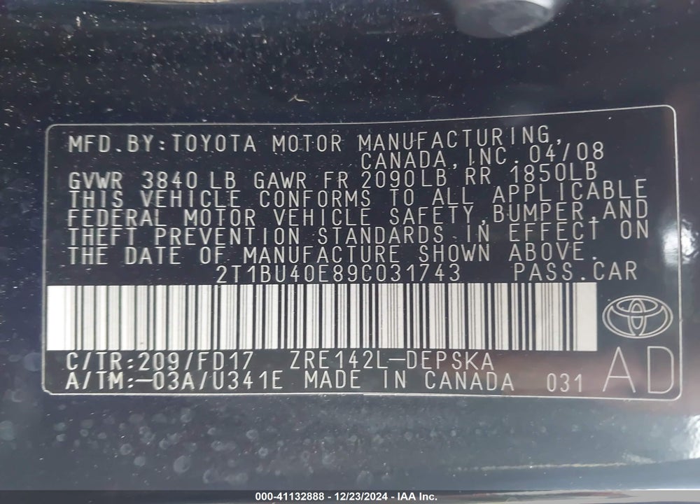 2009 TOYOTA COROLLA S VIN: 2T1BU40E89C031743