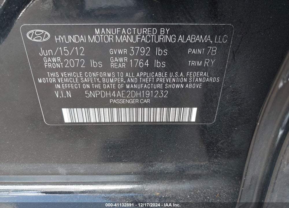 2013 HYUNDAI ELANTRA LIMITED VIN: 5NPDH4AE2DH191232
