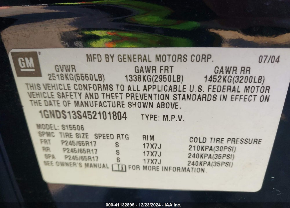 2005 CHEVROLET TRAILBLAZER LT VIN: 1GNDS13S452101804